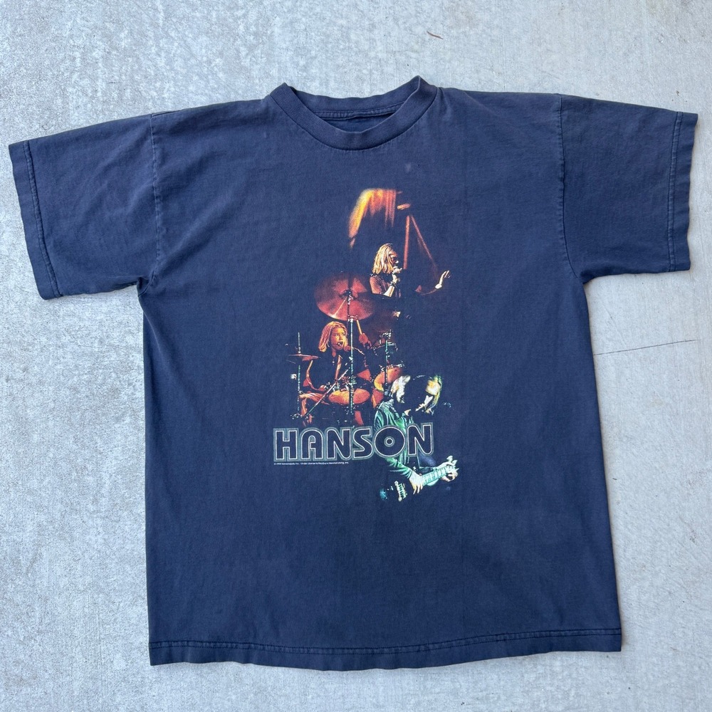 Vintage 1998 Hanson Band T Shirt Faded Black Graphic Tee 90s Pop Rock Size M L